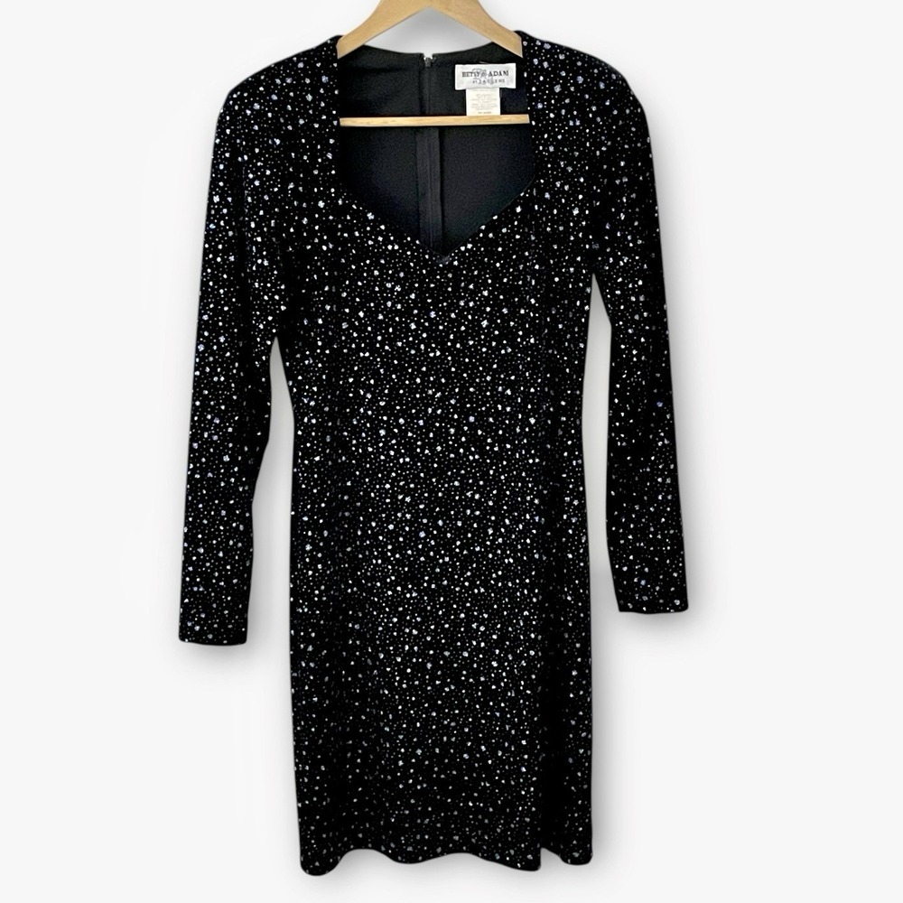 VTG Betsy Adam‎ Black Velvet Glitter Sweetheart Neck Dress Size 10 Celestial Y2K